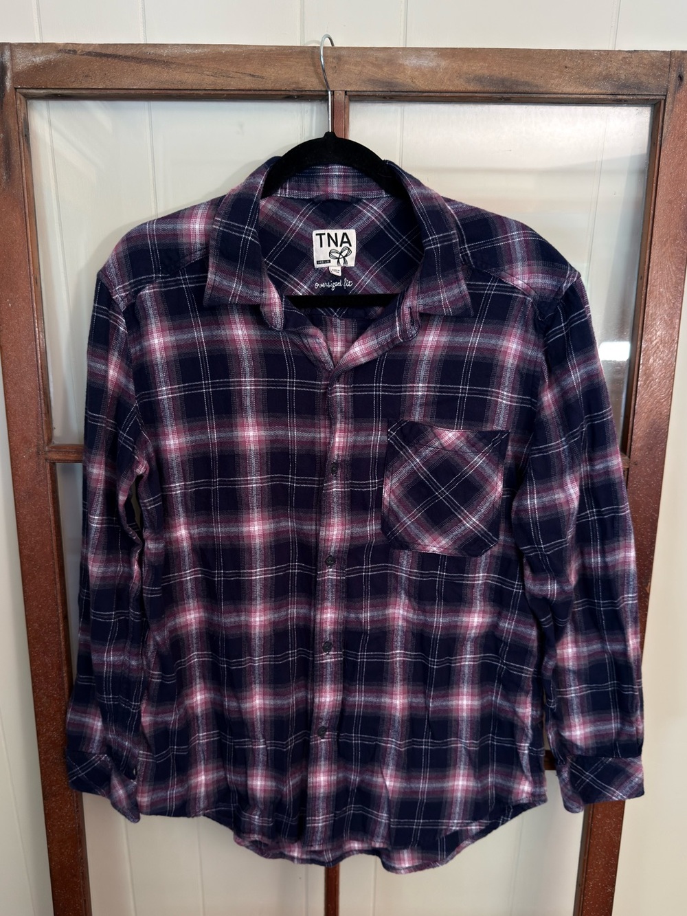 TNA by Aritzia Soft Oversized Plaid Flannel Button Up Shirt Navy Pink Purple Med